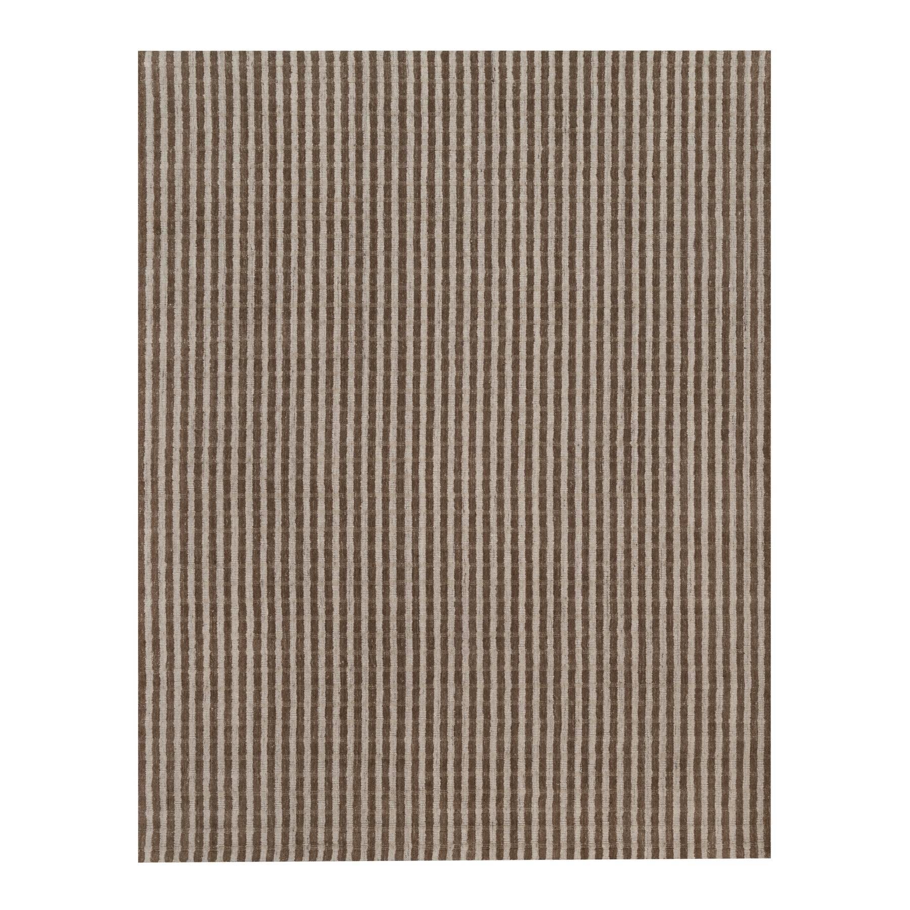Tan and Chocolate Brown, Hand Loomed, Undyed Natural Wool, Vertical Stripes Design with Salt and Pepper Effect, Oriental Rug